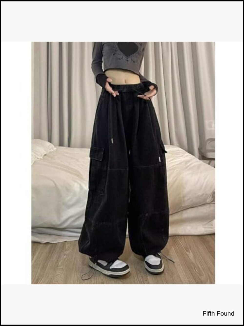 High Waisted Wide Leg Cargo Sweatpants Drawstring Baggy Pants - Picture 4 of 5